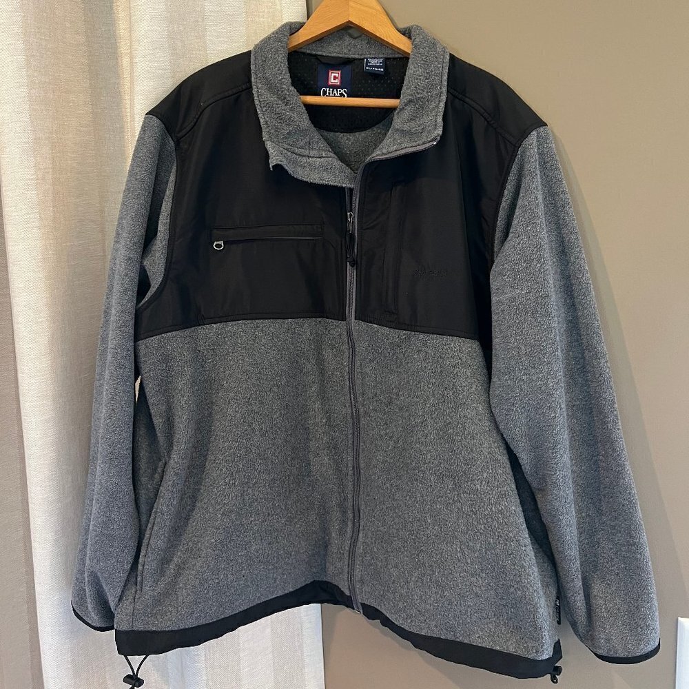 Chaps Men's Fleece Jacket Gray/Black Full Zip Front, Size XL